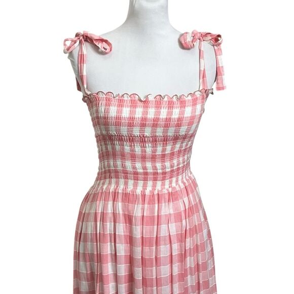 The Great Lagoon Dress Women’s Size 2 Pink Gingham Smocked Bow Strap Midi - Picture 3 of 12